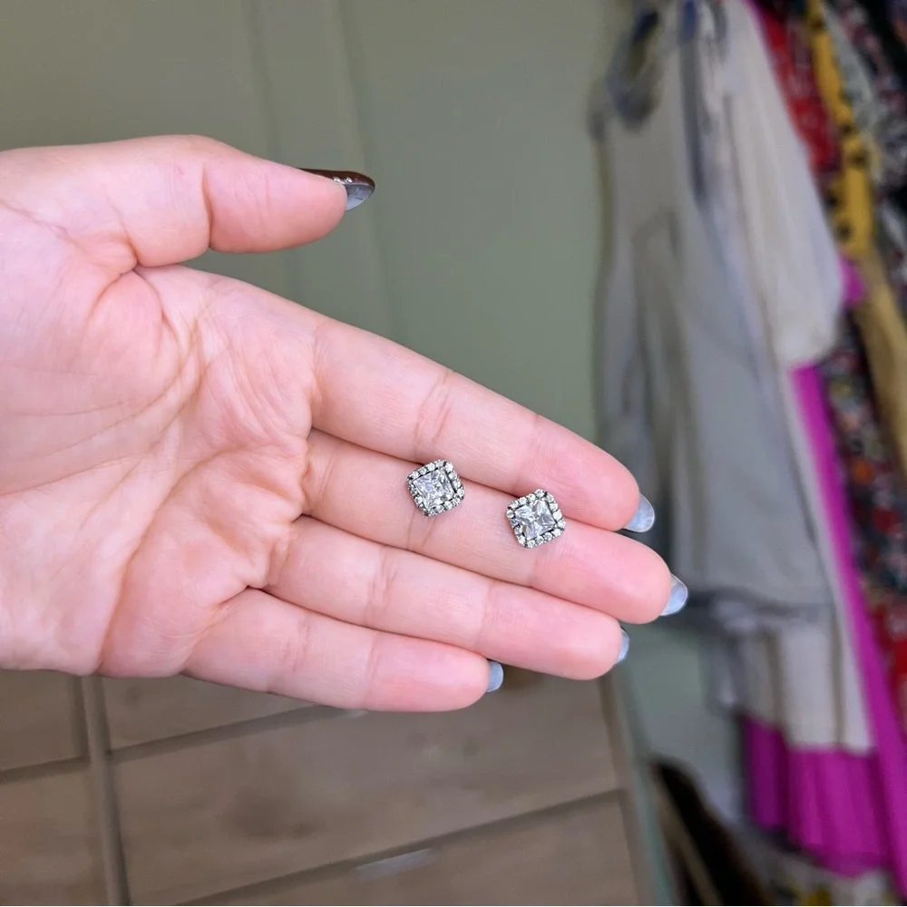 Princess Cut CZ Diamond Square Halo Studs Dainty Small Earrings Jewelry Accessor - Picture 15 of 16